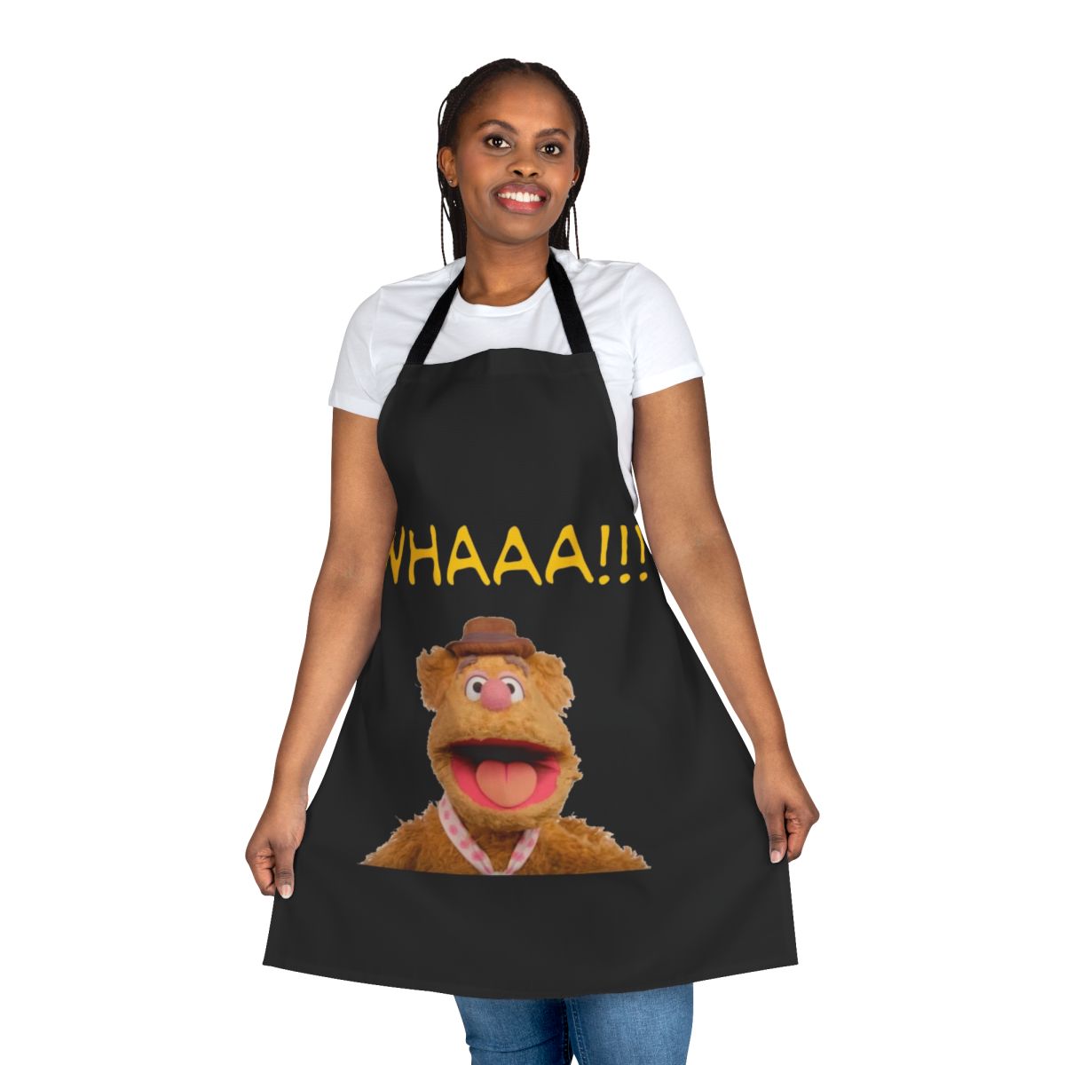 A whimsical kitchen apron featuring the beloved Muppet character, Fozzie Bear