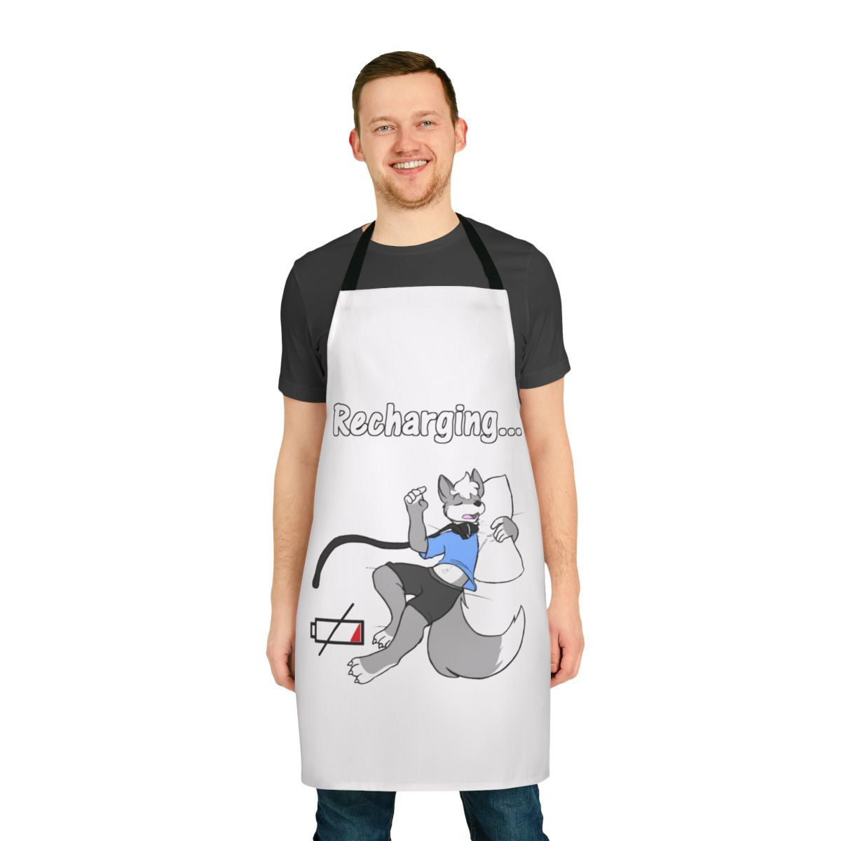 Illustration of a cute, sleeping furry wolf on a kitchen apron