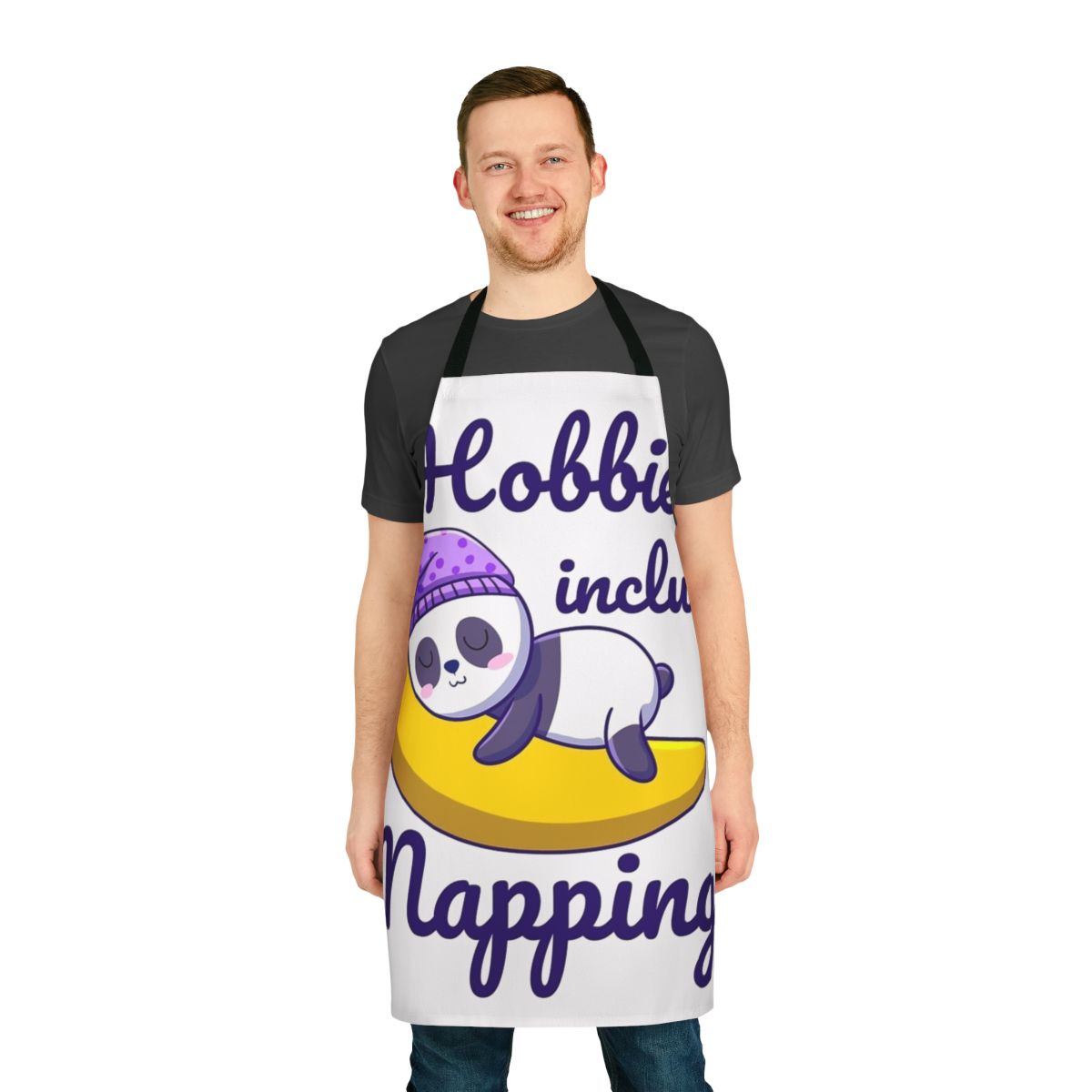 Cozy and humorous "Hobbies Include Napping" apron with a playful design