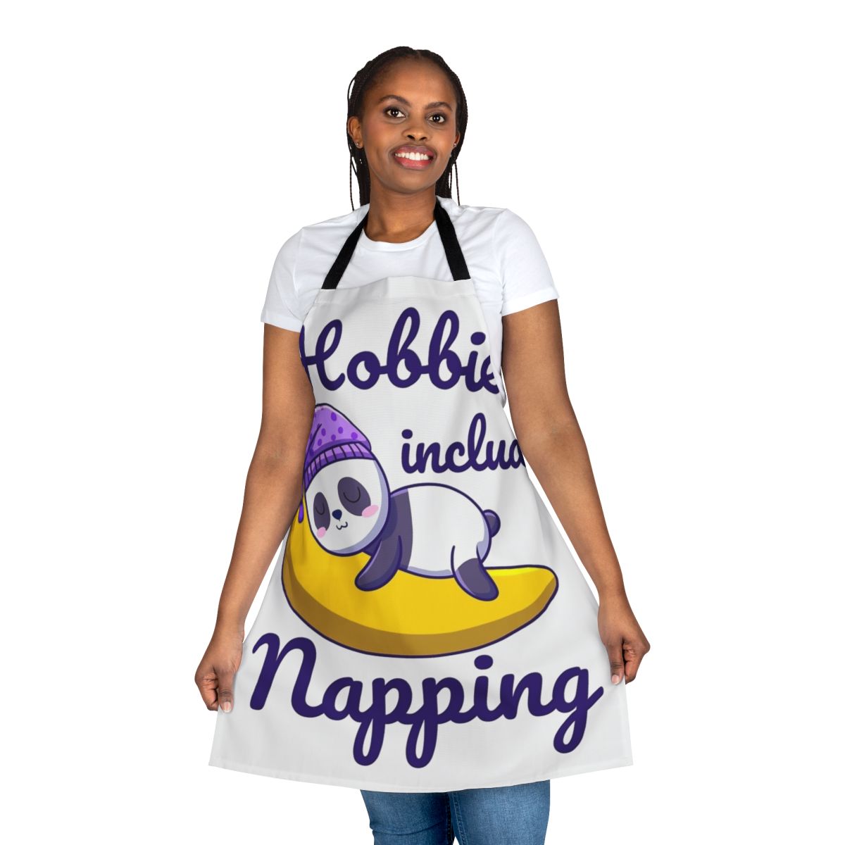 Cozy and humorous "Hobbies Include Napping" apron with a playful design