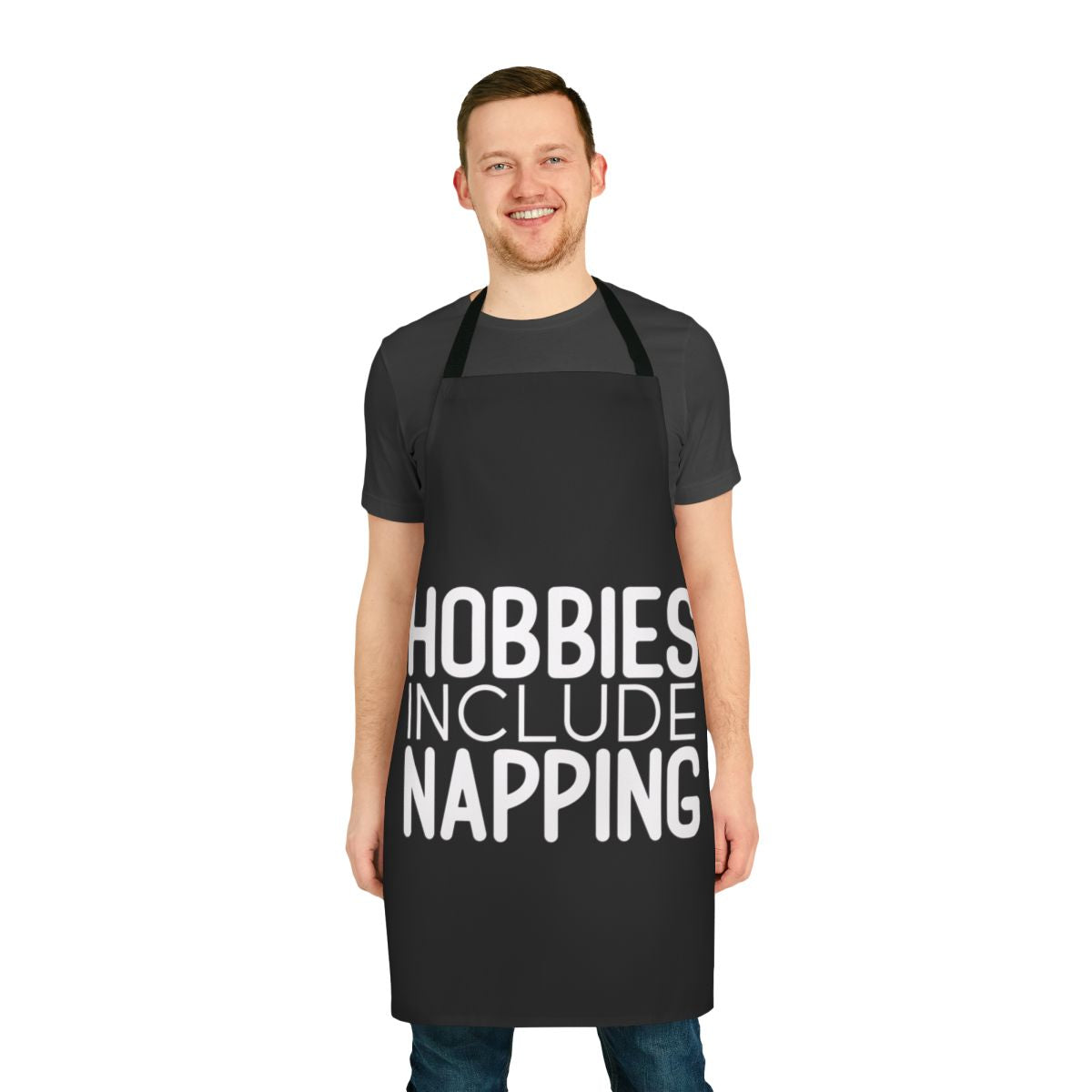 Cozy apron with "Hobbies Include Napping" text design, perfect for sleep enthusiasts and nap lovers.