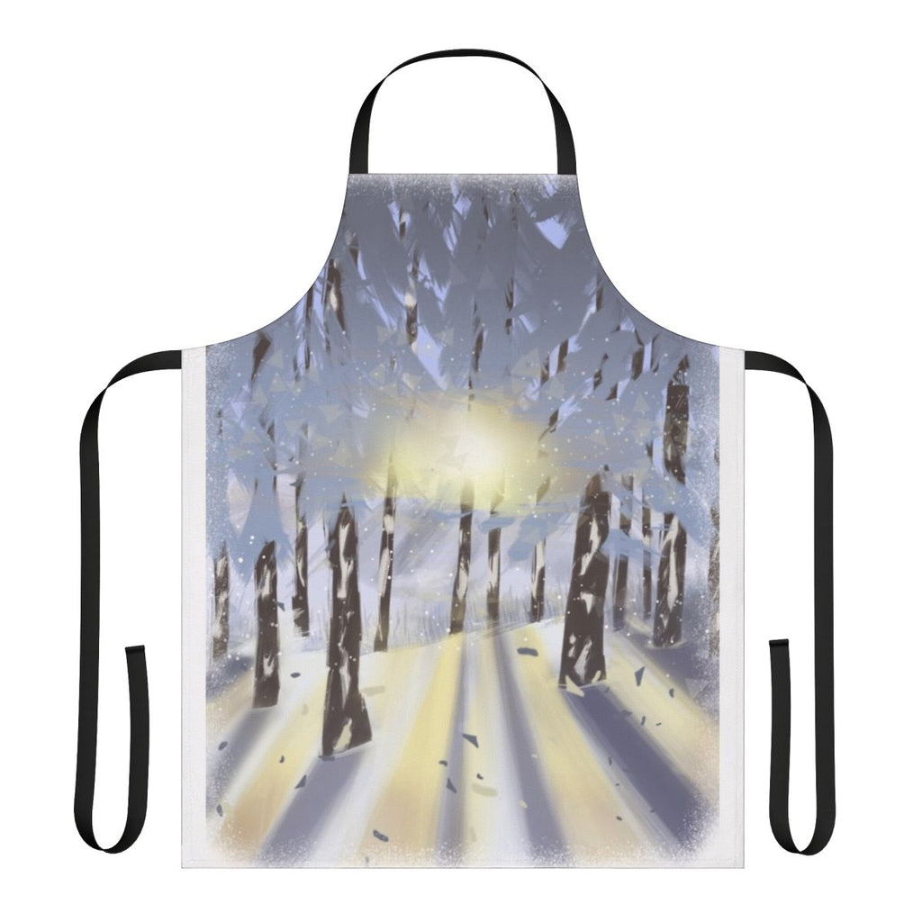 A beautifully designed apron featuring a winter forest landscape with blue, white, and brown tones.