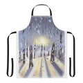 A beautifully designed apron featuring a winter forest landscape with blue, white, and brown tones.