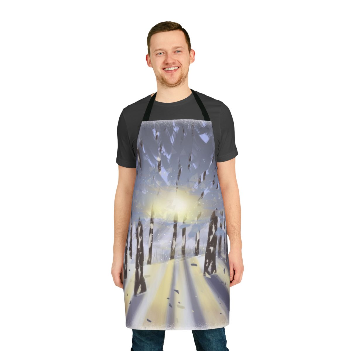 A beautifully designed apron featuring a winter forest landscape with blue, white, and brown tones.