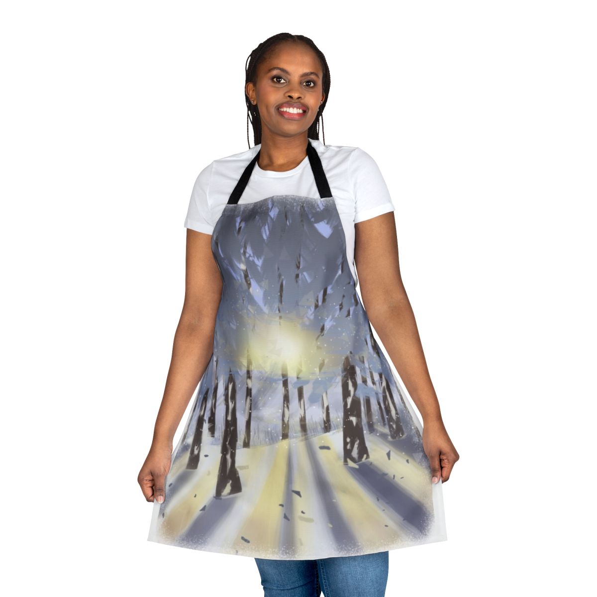 A beautifully designed apron featuring a winter forest landscape with blue, white, and brown tones.
