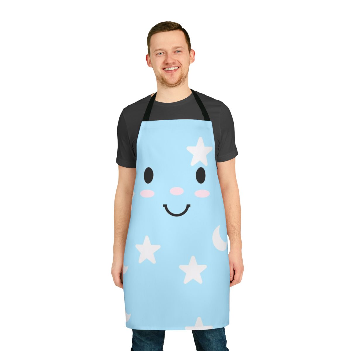 A blue pajama-style apron with moon and star designs, perfect for summer camp or cozy cosplay.