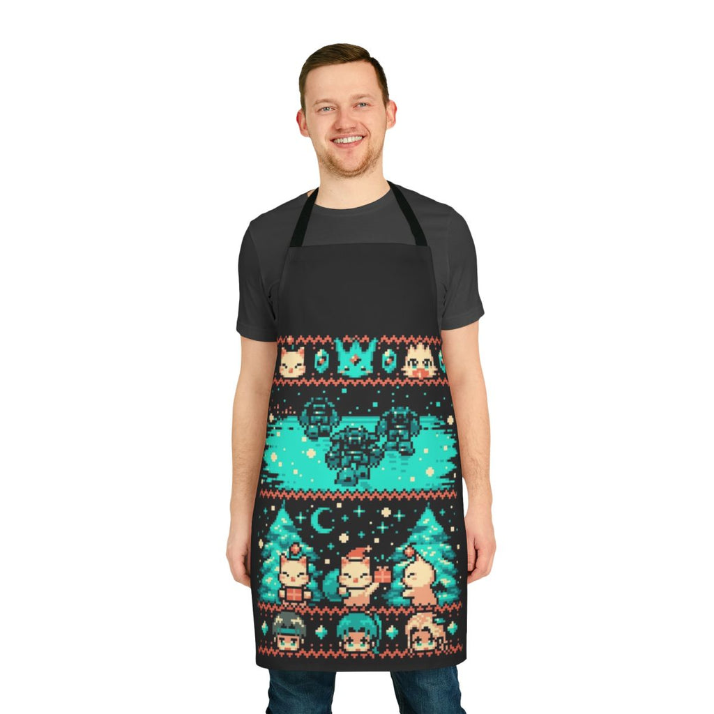 Cozy pixel-inspired winter apron with festive holiday design