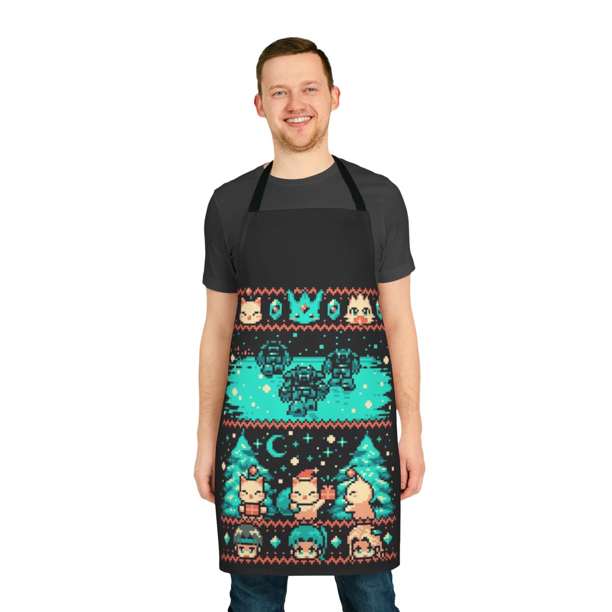 Cozy pixel-inspired winter apron with festive holiday design
