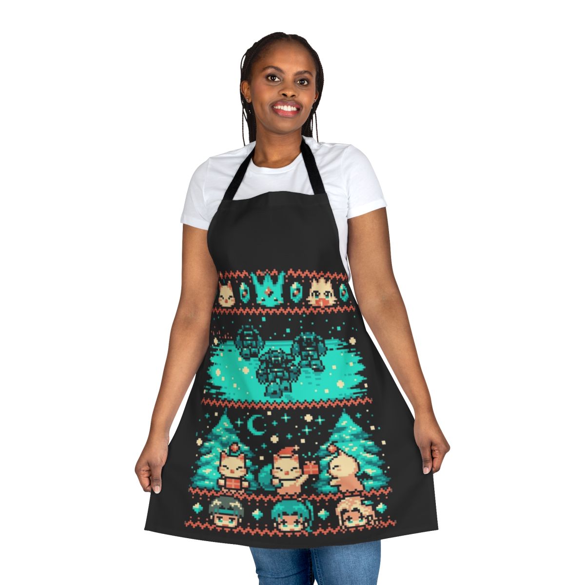 Cozy pixel-inspired winter apron with festive holiday design