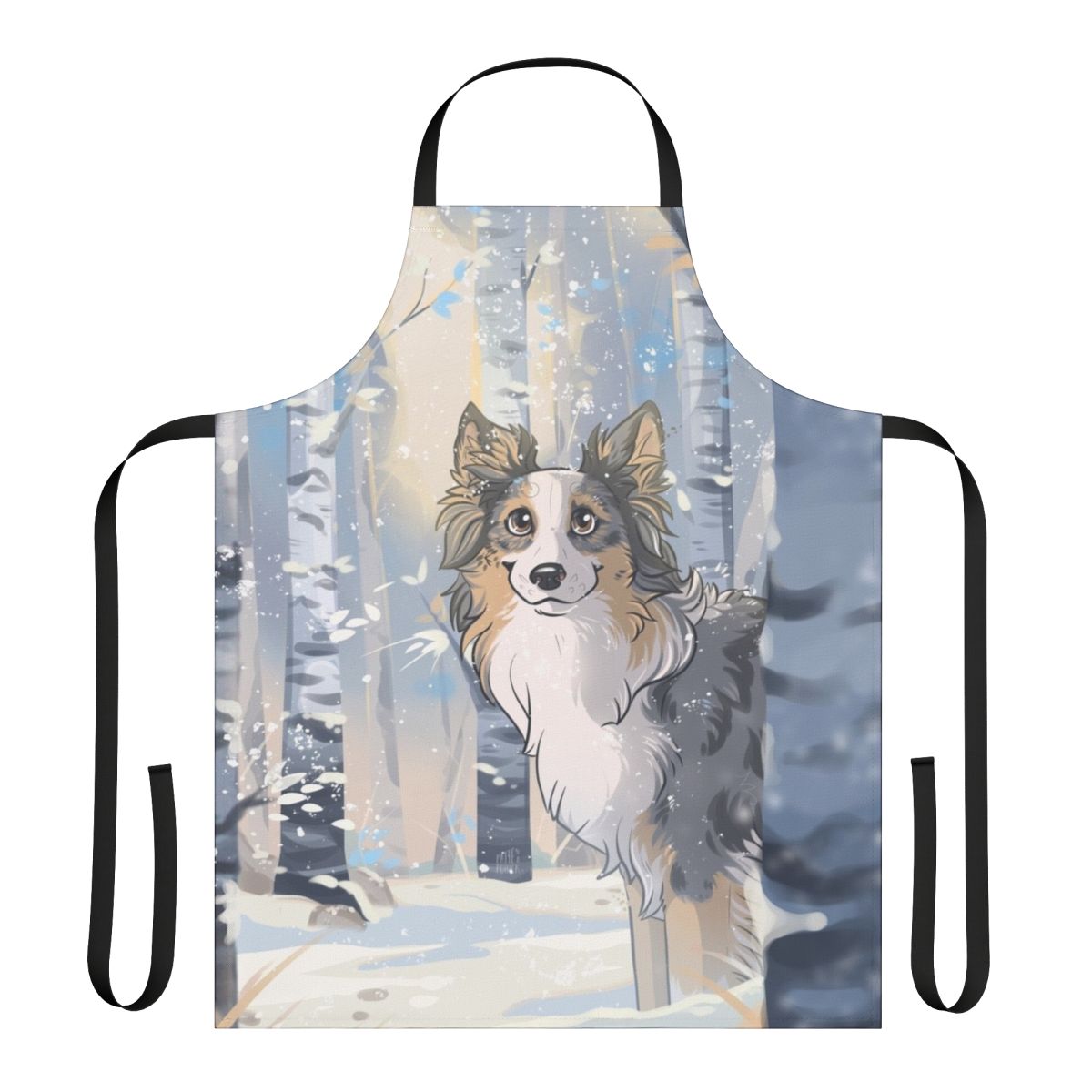 Pixie-themed apron featuring winter and dog designs, perfect for cooking or crafting with pets