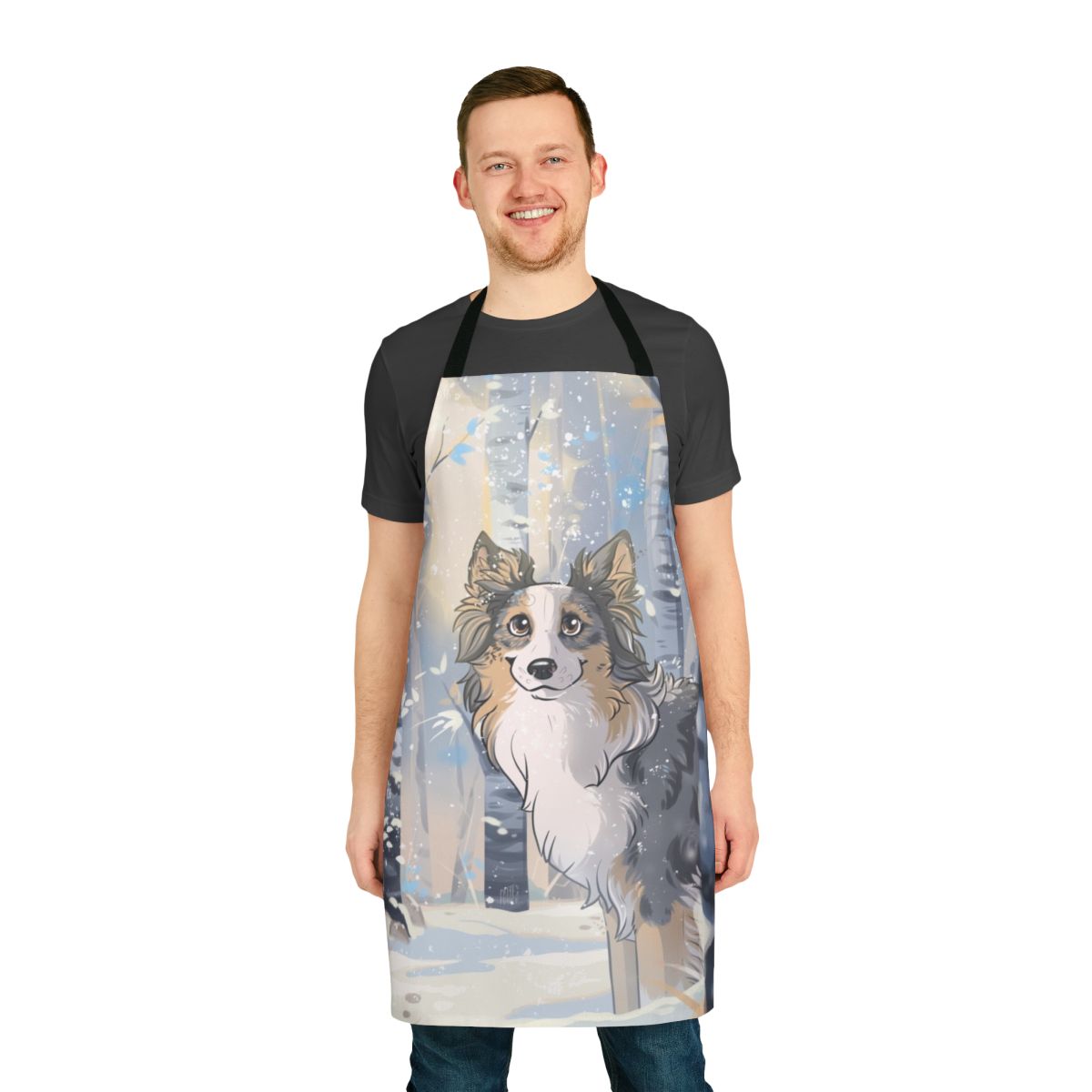 Pixie-themed apron featuring winter and dog designs, perfect for cooking or crafting with pets
