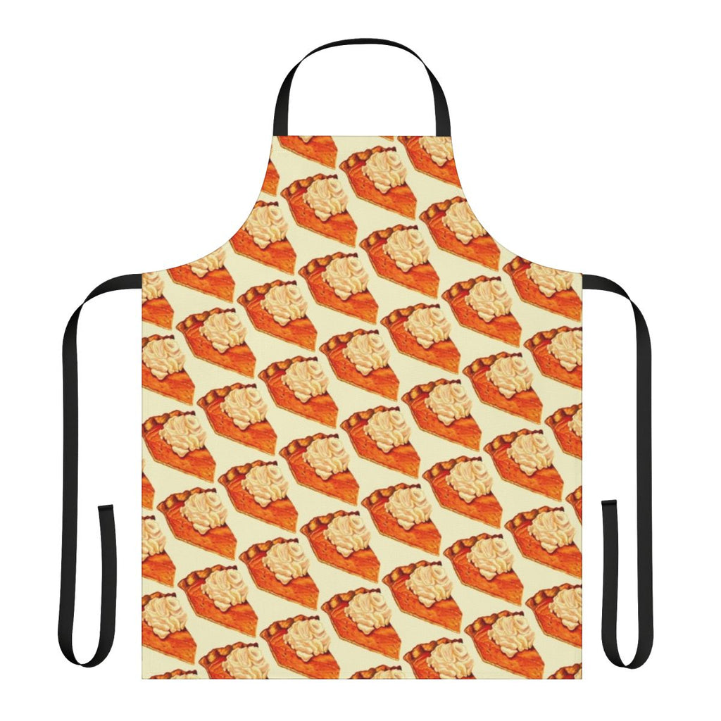 A pumpkin-themed apron with a pumpkin pie pattern, perfect for fall baking and holiday cooking.