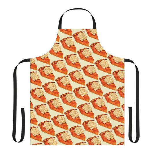 A pumpkin-themed apron with a pumpkin pie pattern, perfect for fall baking and holiday cooking.