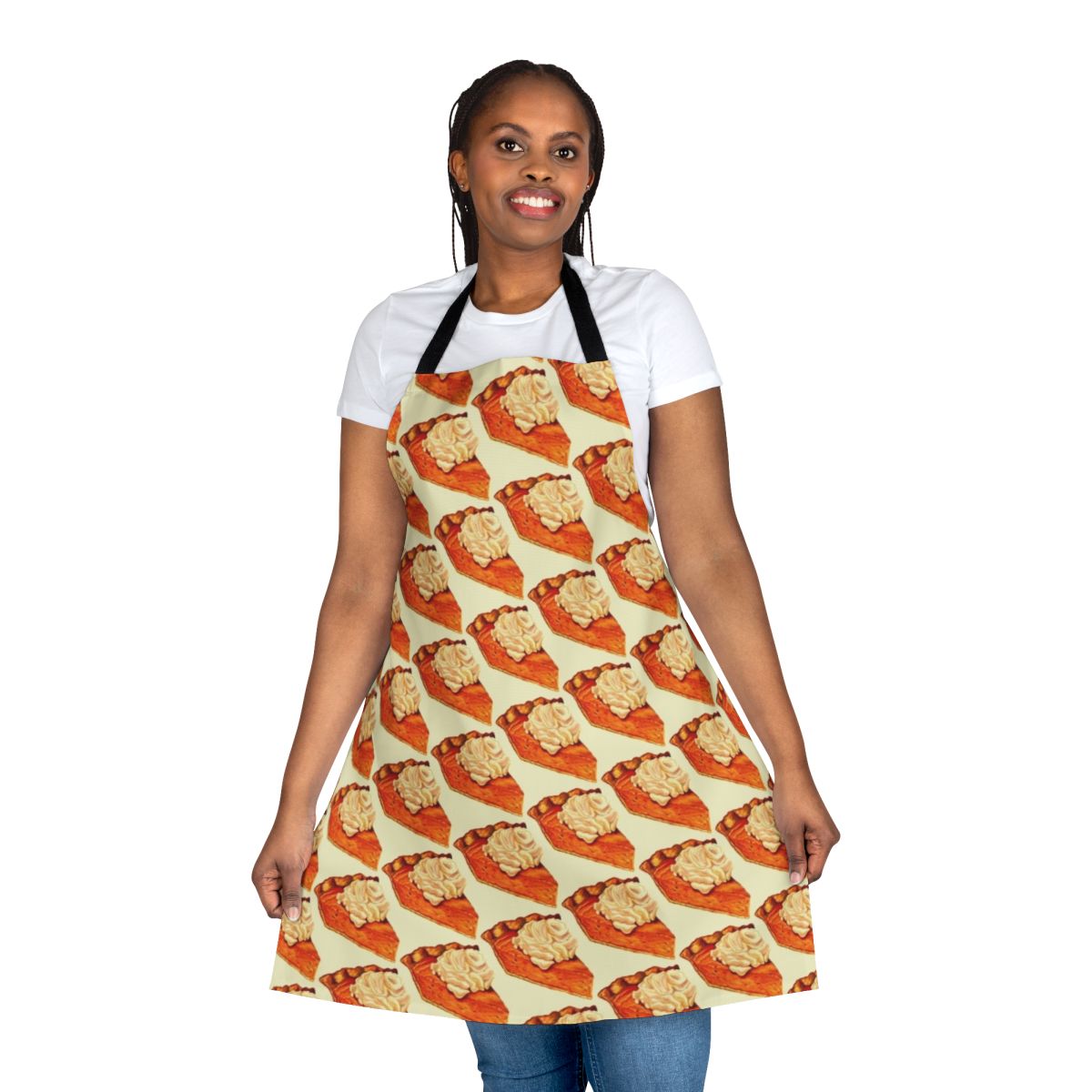 A pumpkin-themed apron with a pumpkin pie pattern, perfect for fall baking and holiday cooking.