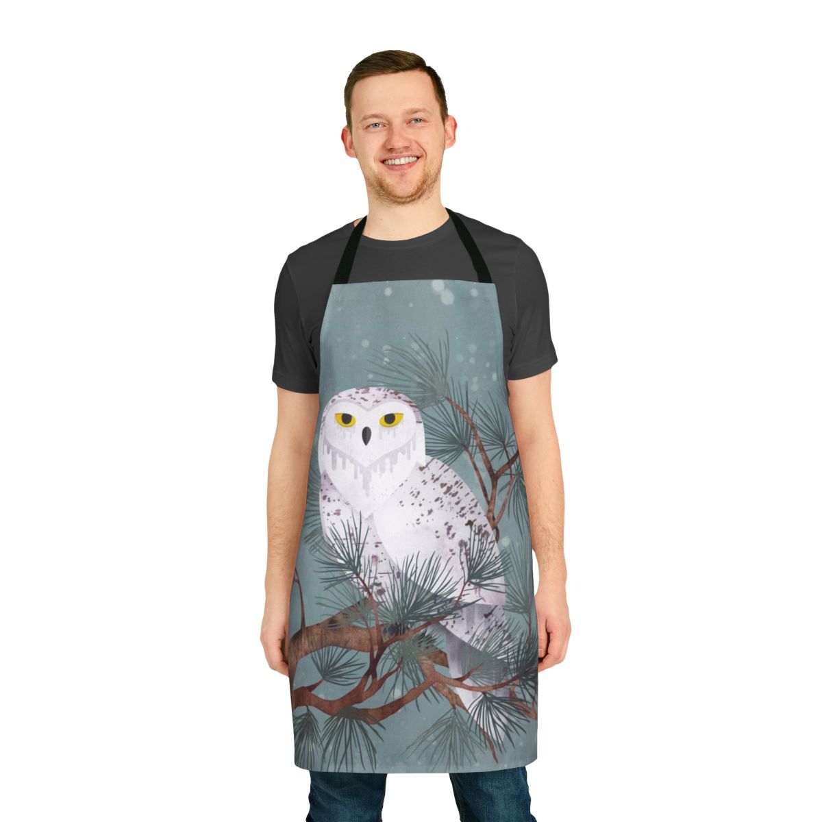Snowy apron with pine needles and winter scenery