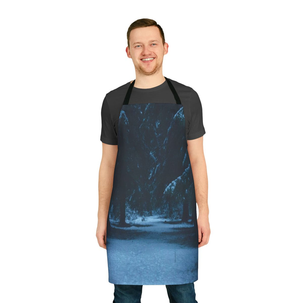 Snowy woods landscape illustration printed on a high-quality, durable apron