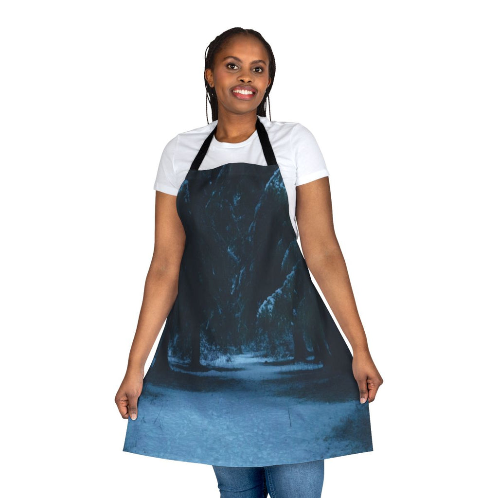 Snowy woods landscape illustration printed on a high-quality, durable apron