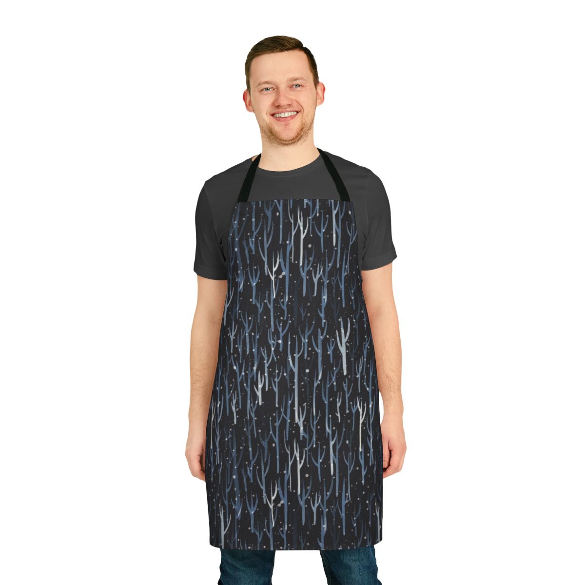 Snowy woods scene printed on a durable and stylish apron