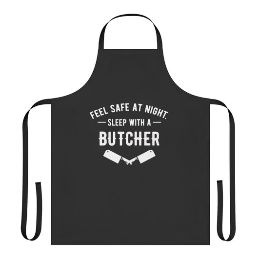 A person wearing a butcher-themed apron, feeling safe and comfortable while sleeping.