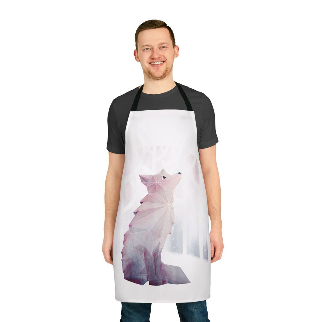 Apron featuring a watercolor design of foxes and snow in a geometric style