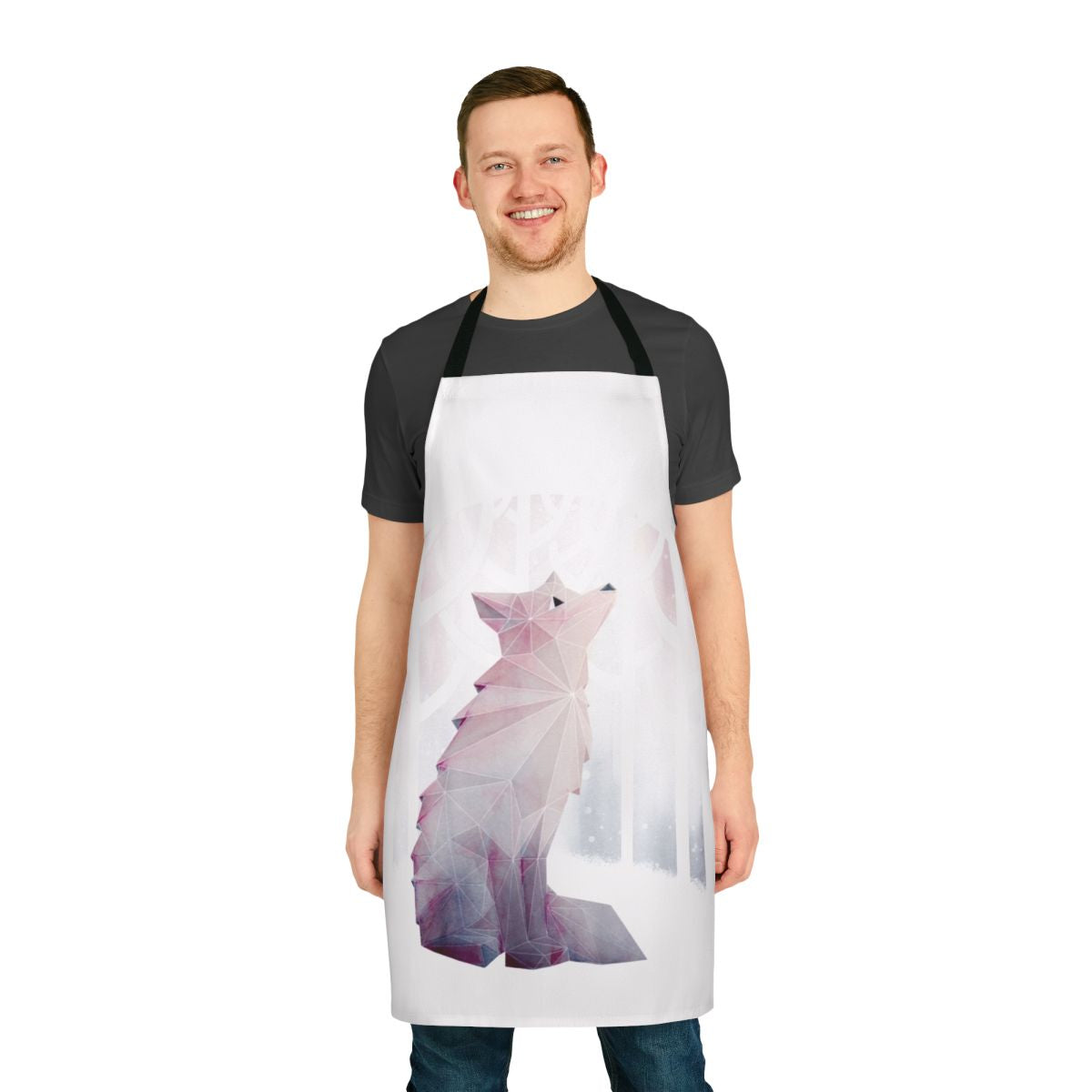 Apron featuring a watercolor design of foxes and snow in a geometric style