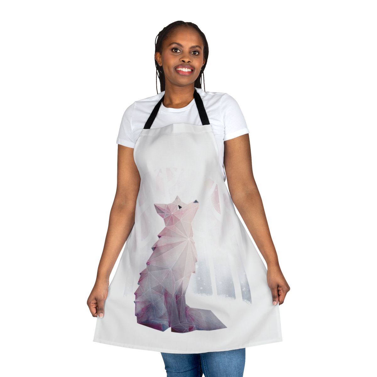 Apron featuring a watercolor design of foxes and snow in a geometric style