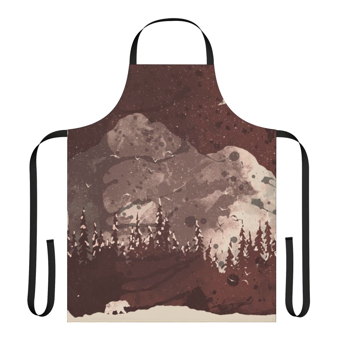 Winter landscape featuring a bear with snow-covered mountains and trees in the background, with the text "Cozy Winter Bear Nature Apron"