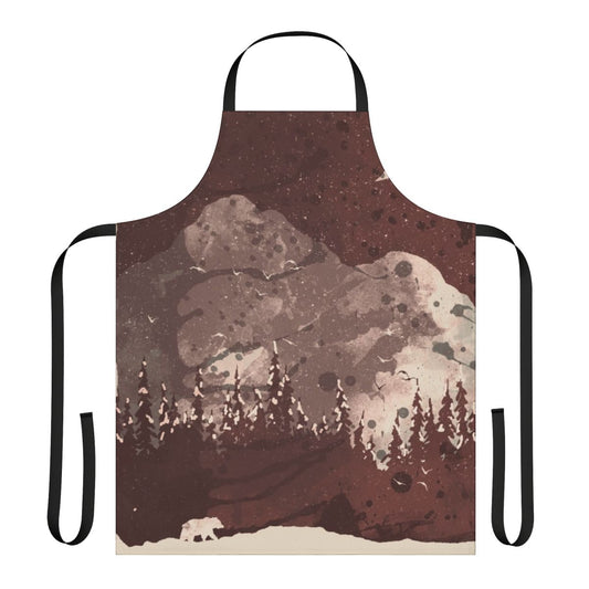 Winter landscape featuring a bear with snow-covered mountains and trees in the background, with the text "Cozy Winter Bear Nature Apron"
