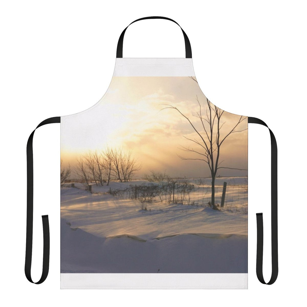 Woman wearing a bright, cozy winter-themed apron while cooking in the kitchen