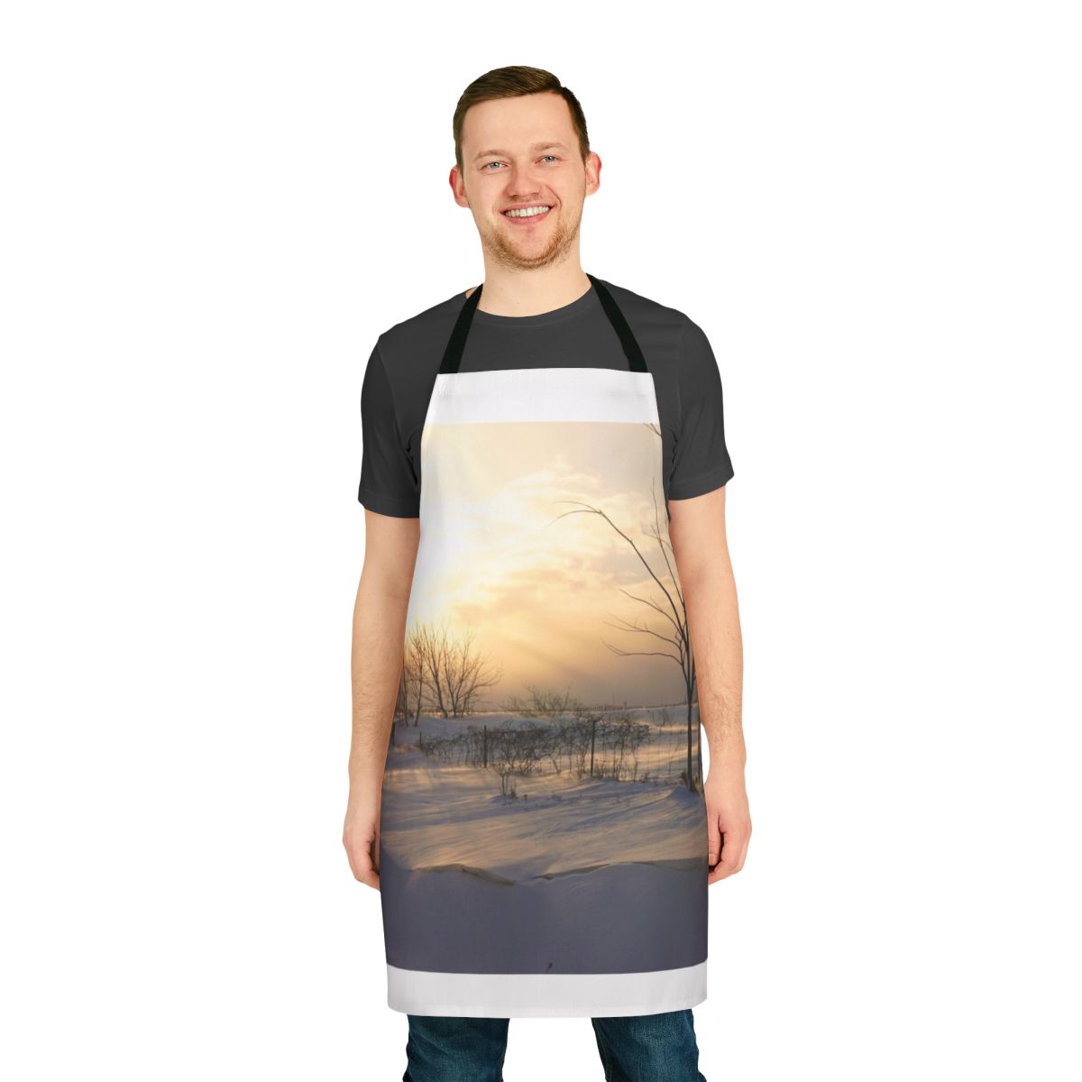 Woman wearing a bright, cozy winter-themed apron while cooking in the kitchen