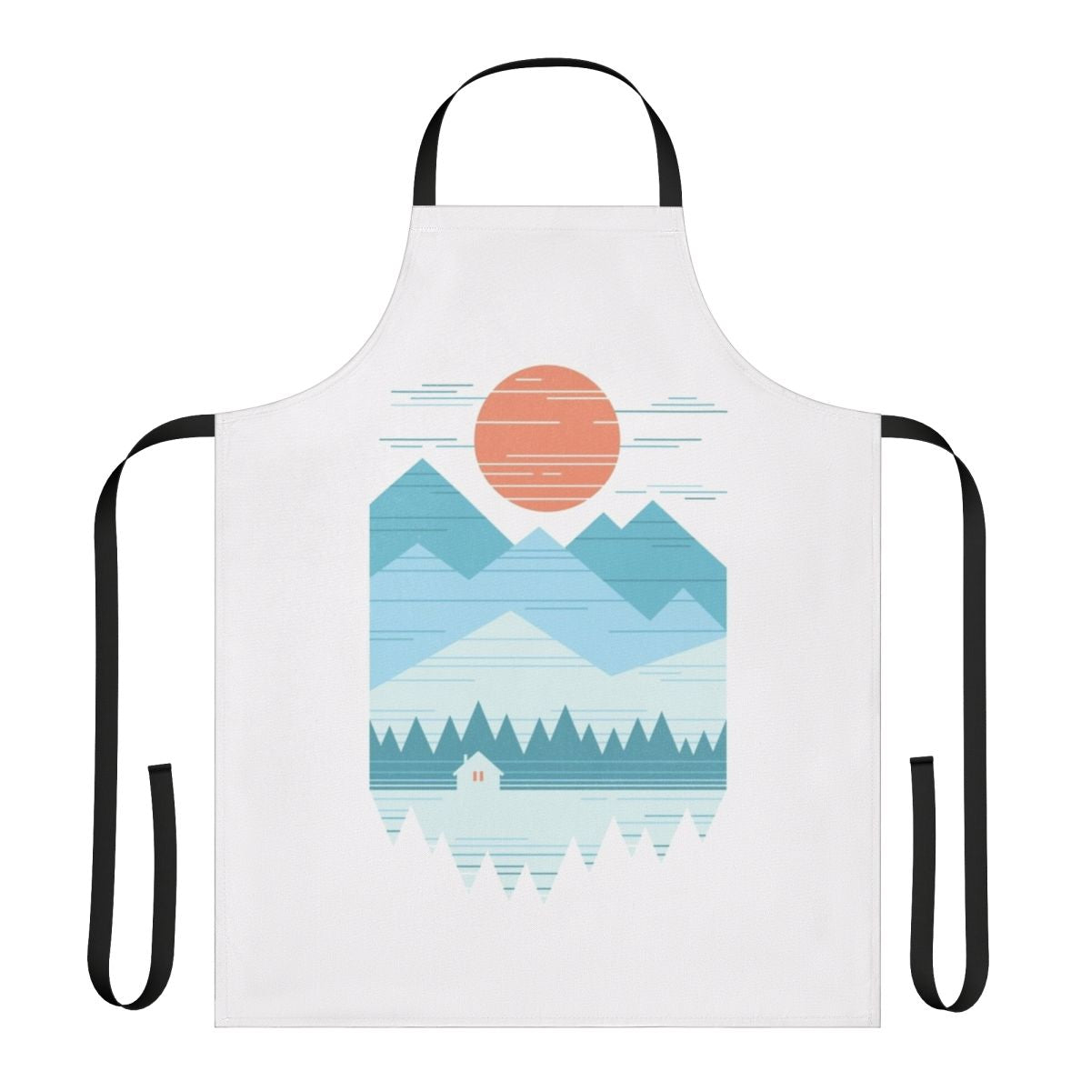 Pastel-colored apron with a winter cabin design