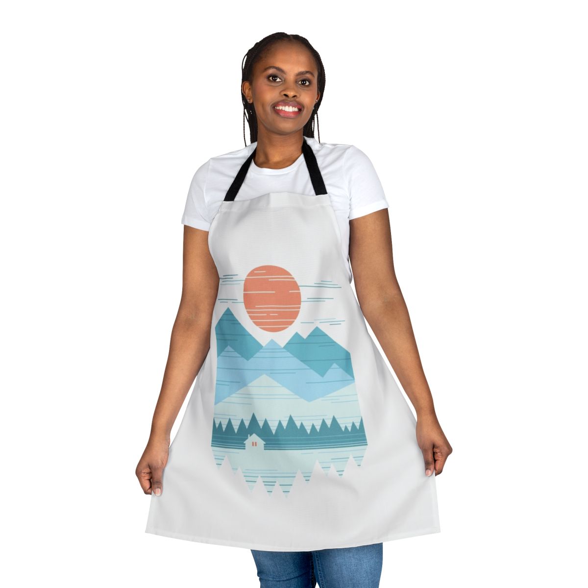 Pastel-colored apron with a winter cabin design
