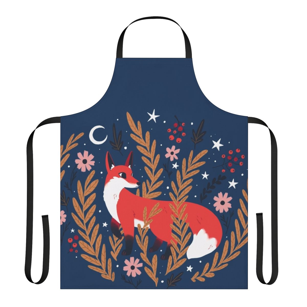 Cozy winter apron featuring a floral and woodland fox pattern