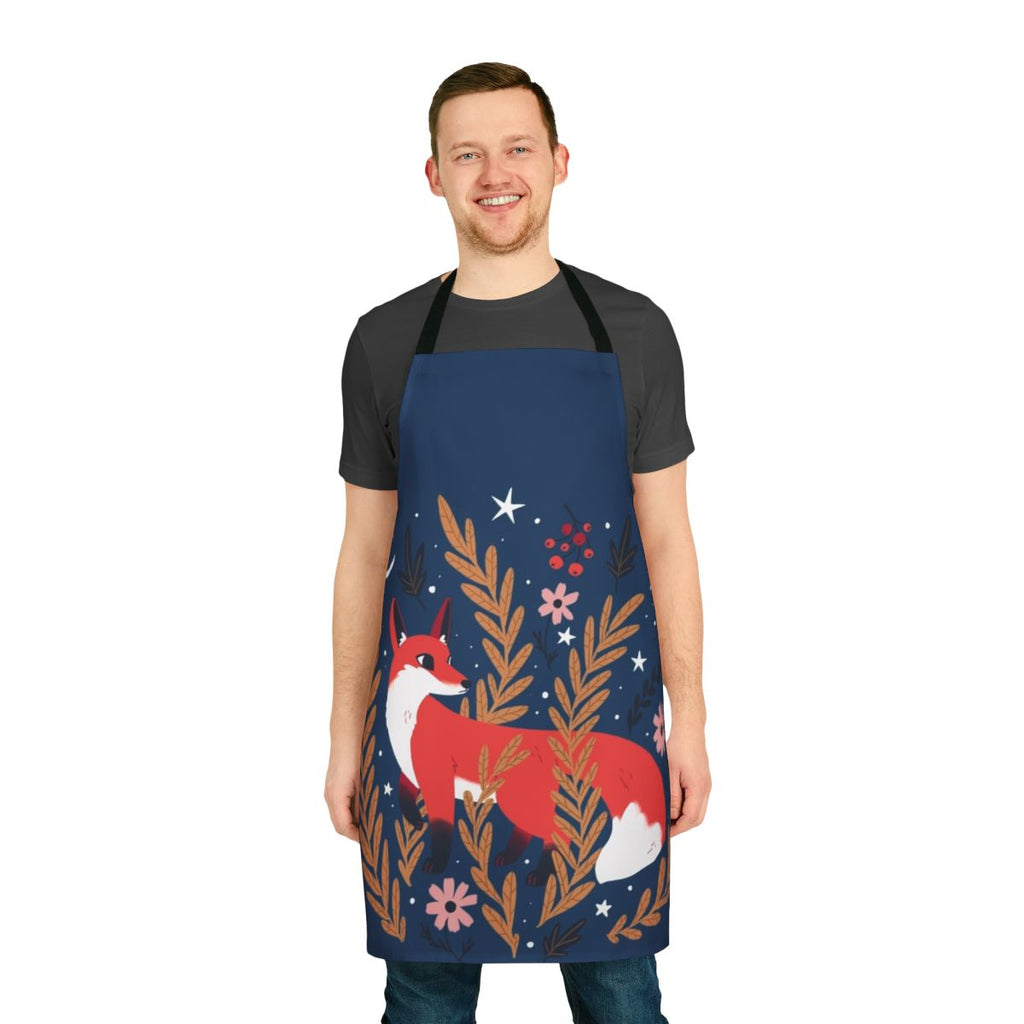 Cozy winter apron featuring a floral and woodland fox pattern