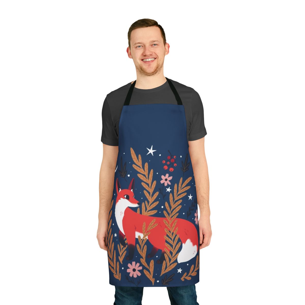 Cozy winter apron featuring a floral and woodland fox pattern