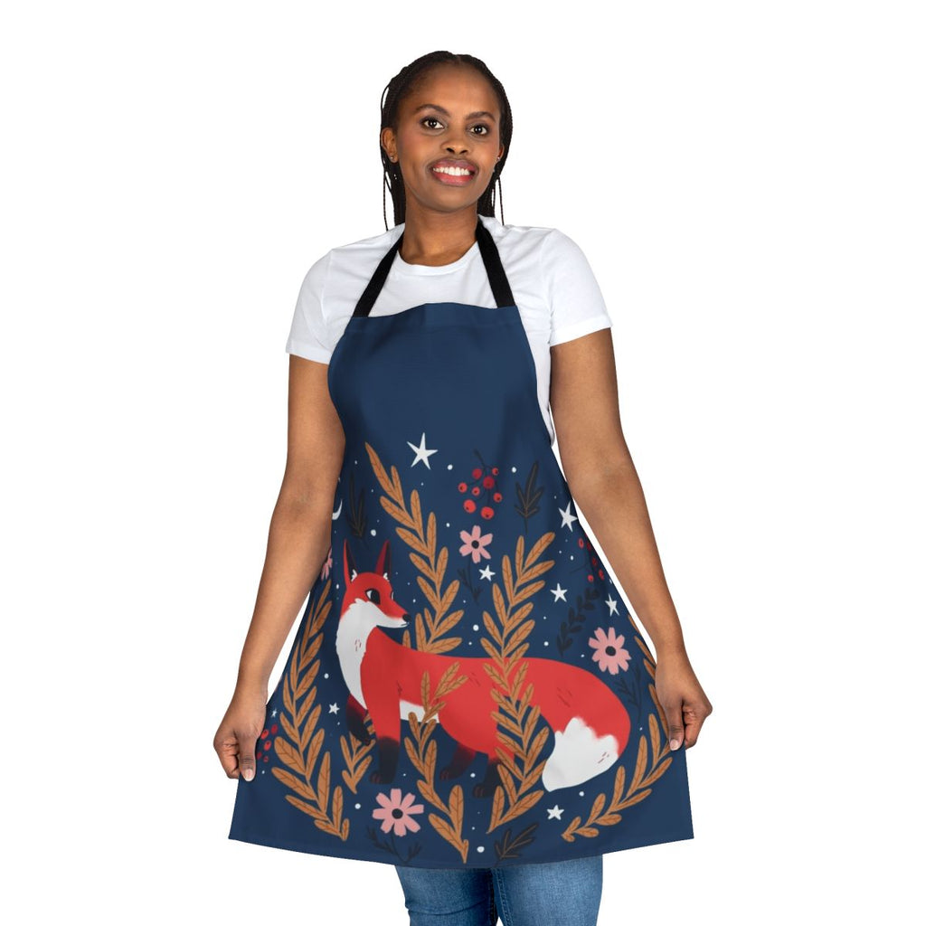 Cozy winter apron featuring a floral and woodland fox pattern