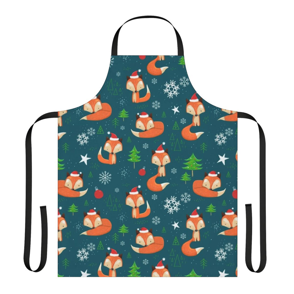 Festive winter fox-themed apron with green and red design for Christmas holiday