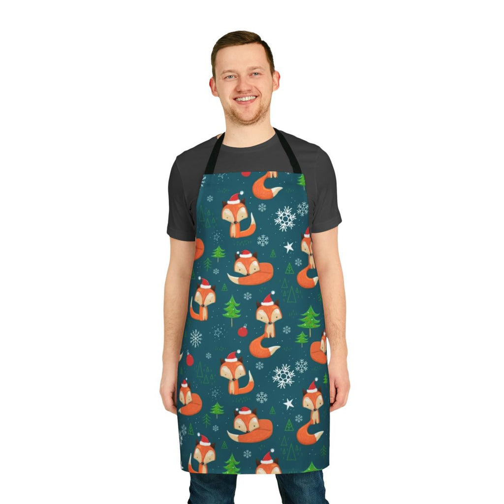 Festive winter fox-themed apron with green and red design for Christmas holiday