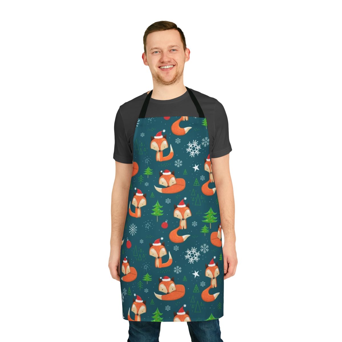 Festive winter fox-themed apron with green and red design for Christmas holiday