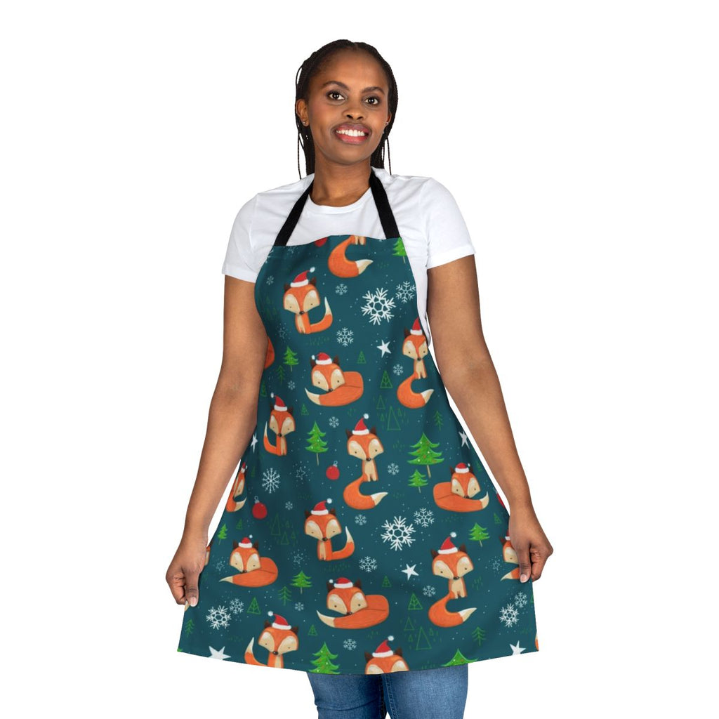 Festive winter fox-themed apron with green and red design for Christmas holiday