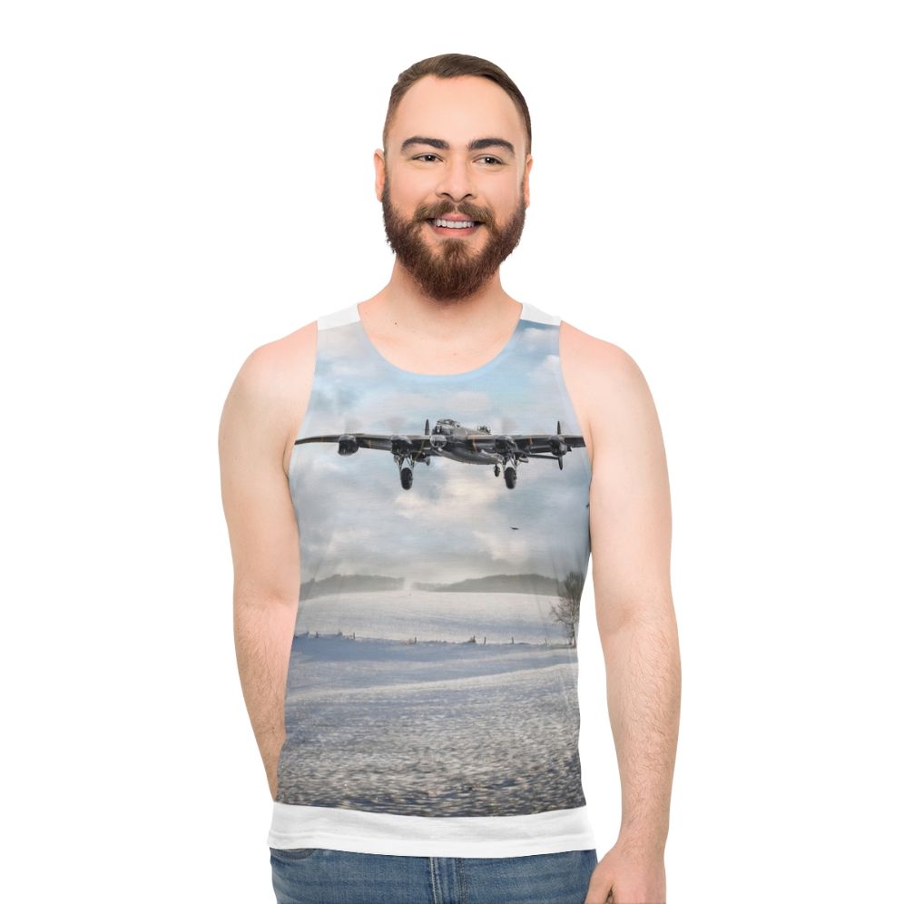 Unisex tank top featuring a Lancaster bomber in a snowy winter scene