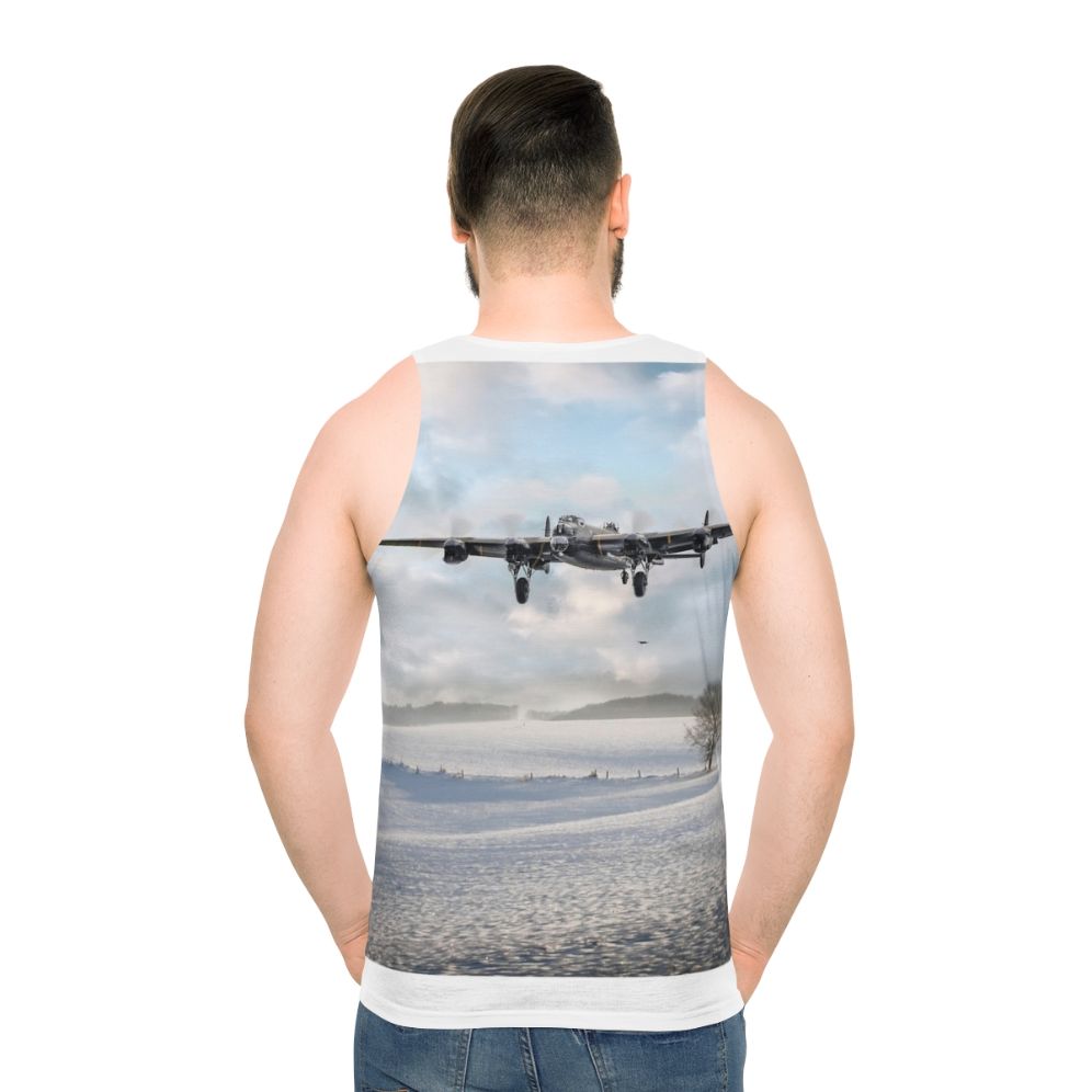 Unisex tank top featuring a Lancaster bomber in a snowy winter scene