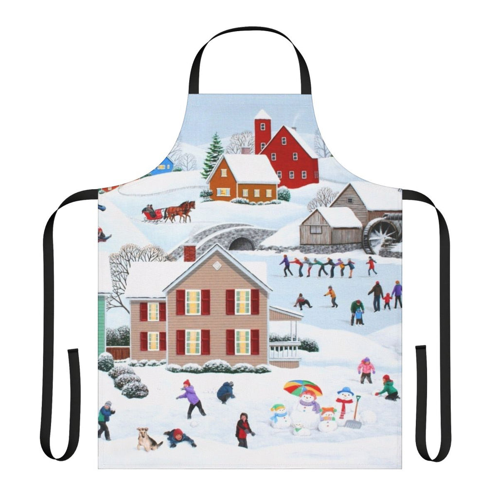 A winter themed apron featuring a snowy landscape with a snowman, tree, and ice skaters.