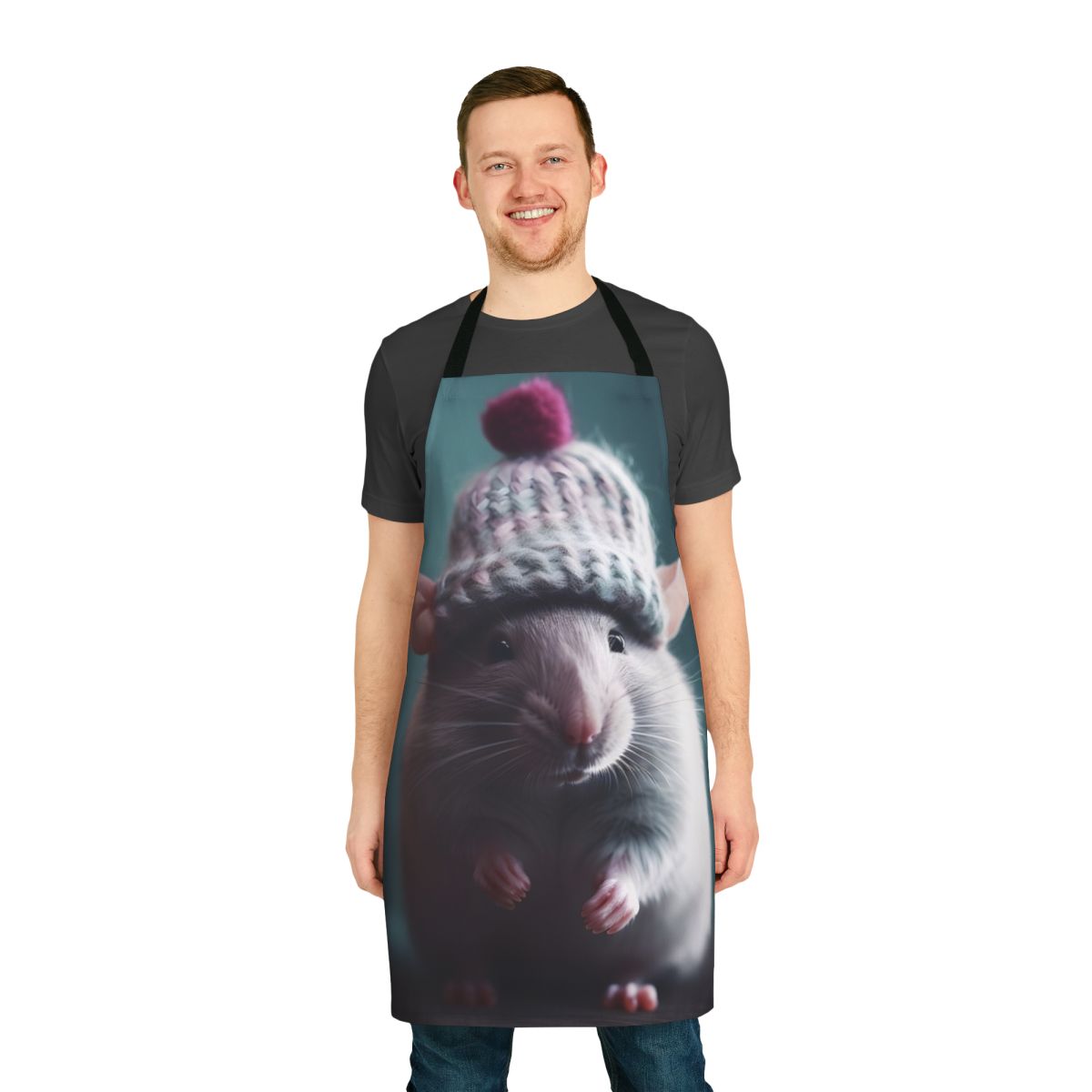 Snowberry the Winter Rat Apron featuring a cute rodent design in shades of purple, lilac, and magenta.
