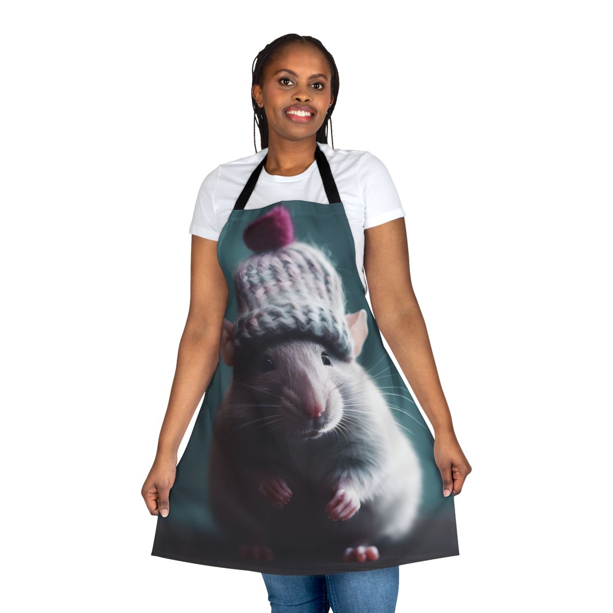 Snowberry the Winter Rat Apron featuring a cute rodent design in shades of purple, lilac, and magenta.