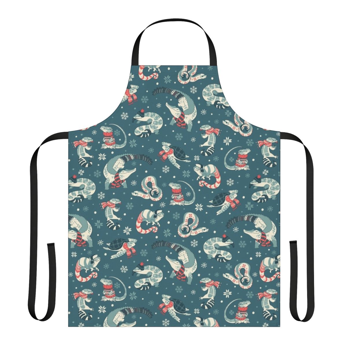 Apron featuring a winter-themed pattern with various reptile species like crocodiles, geckos, and bearded dragons.