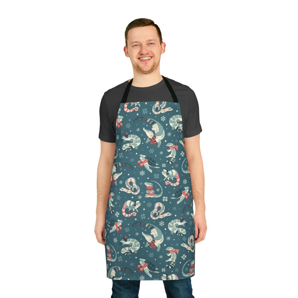 Apron featuring a winter-themed pattern with various reptile species like crocodiles, geckos, and bearded dragons.
