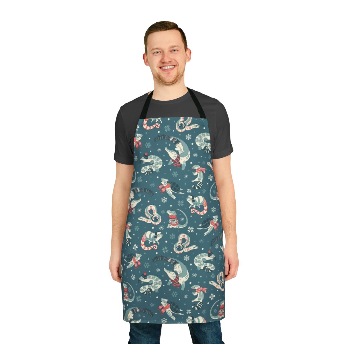 Apron featuring a winter-themed pattern with various reptile species like crocodiles, geckos, and bearded dragons.