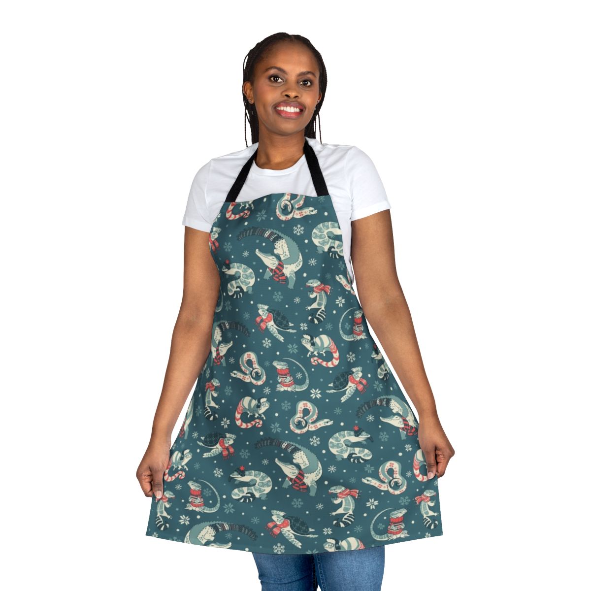 Apron featuring a winter-themed pattern with various reptile species like crocodiles, geckos, and bearded dragons.