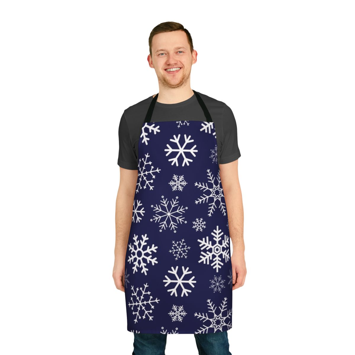 Cozy winter apron with a simple, elegant snowflake pattern in blue and white